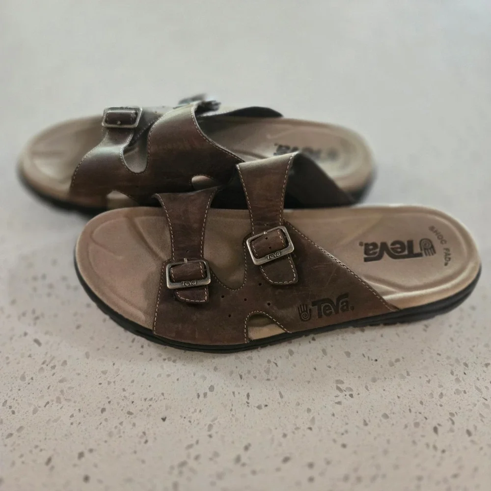 Teva Mens Sandals 14 Lodo Brown Leather Double Buckle Slide 6545 Shoc Pad